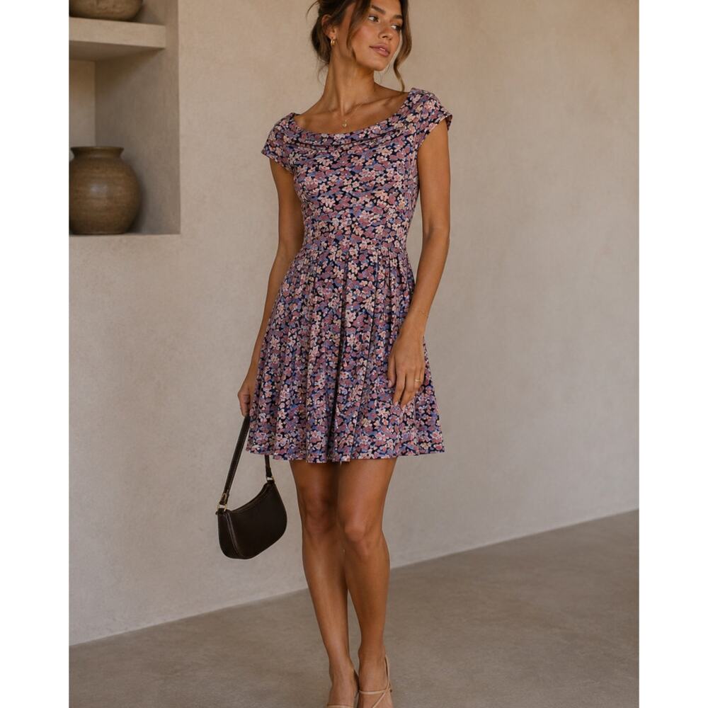 Mata Traders Anthropologie Pink Blue Ditsy Floral Skater Mini Dress Womens S